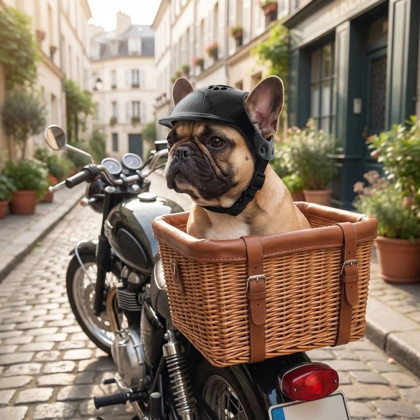 Un chiot bouledogue français dans un panier de moto porte un casque de moto pour chien noir.