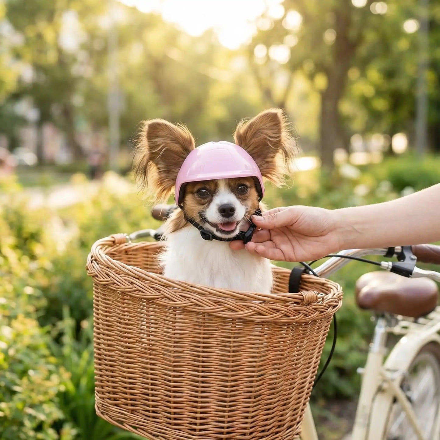 Un chihuahua papillon assis dans un panier à vélo porte un casque de moto pour chien rose.