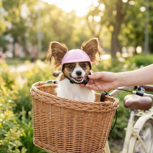 Un chihuahua papillon assis dans un panier à vélo porte un casque de moto pour chien rose.