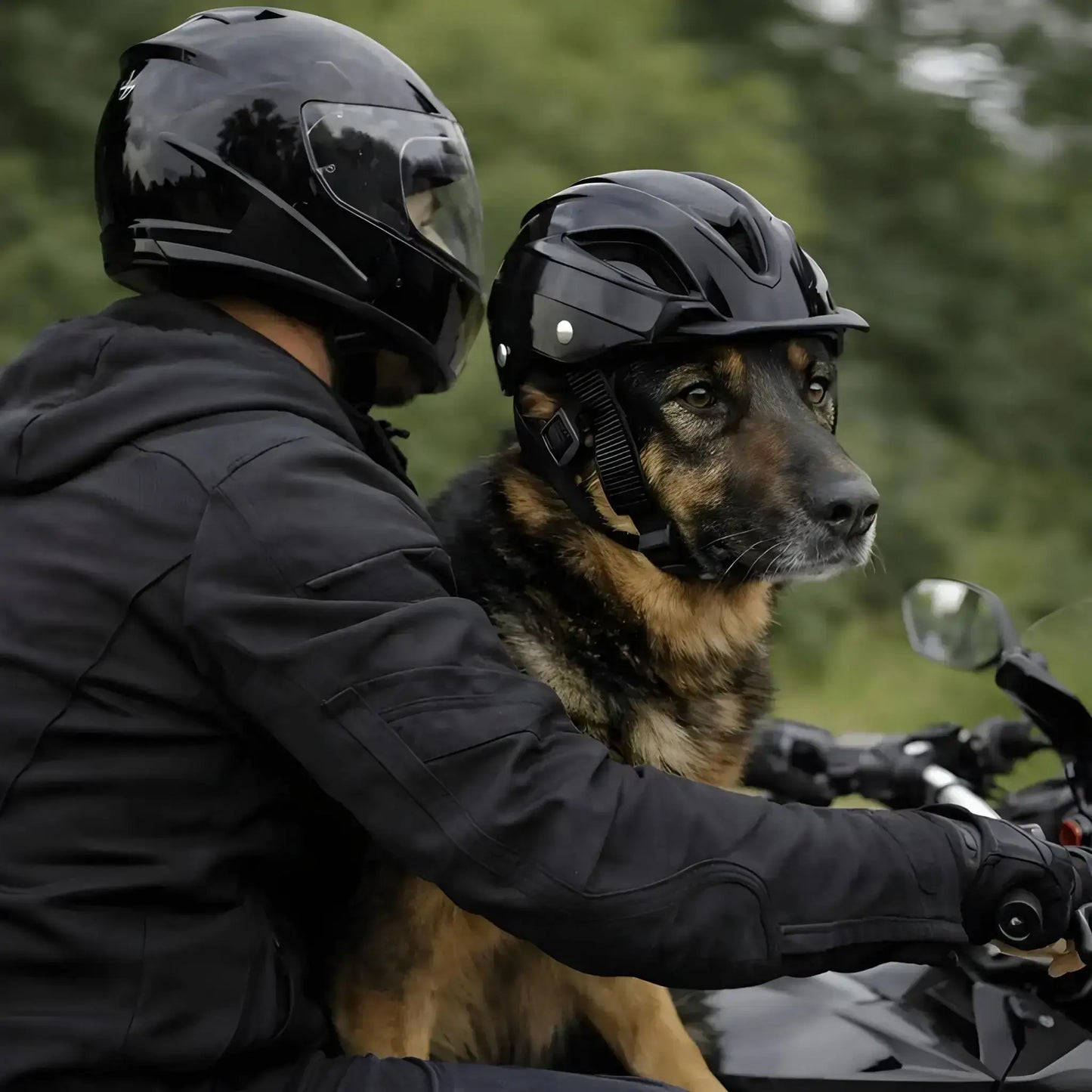 Un berger allemand en moto avec son maître porte un casque de moto pour chien noir.