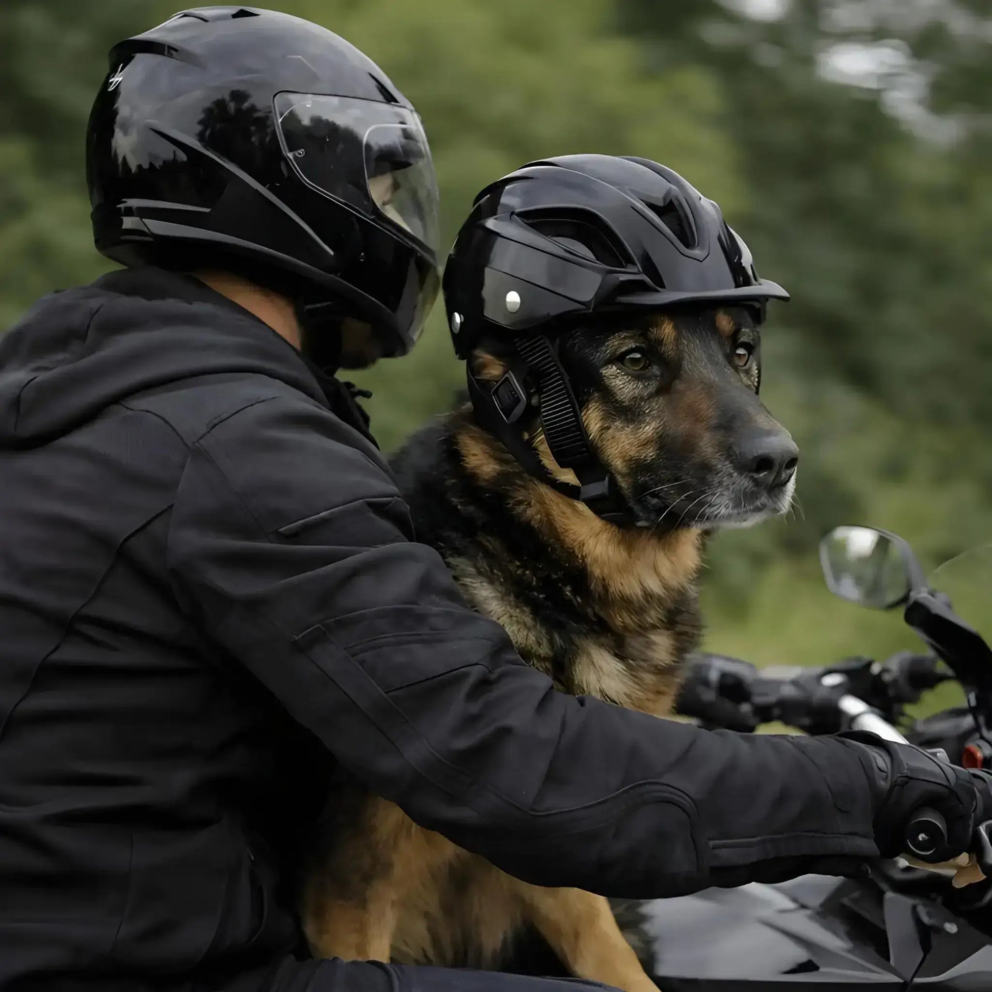 Un berger allemand en moto avec son maître porte un casque de moto pour chien noir.