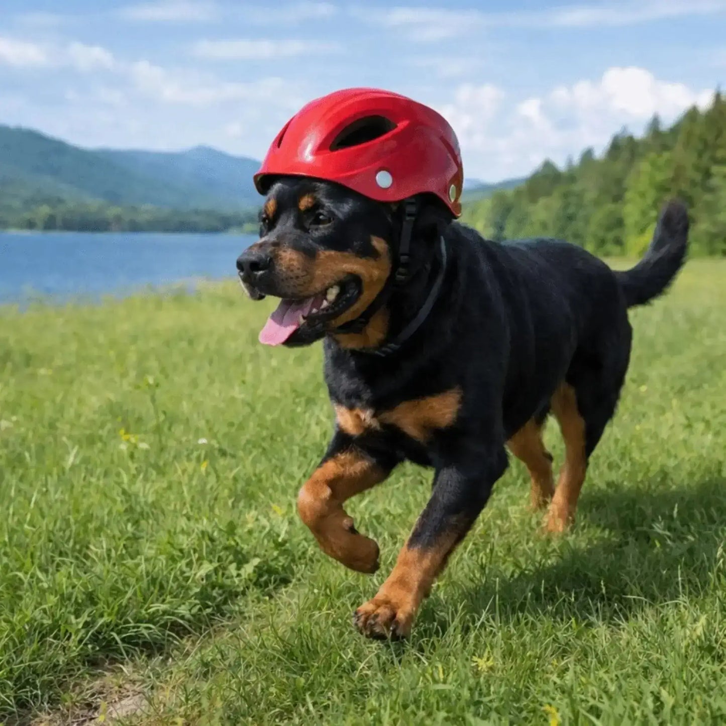 Un rottweiler court dans une prairie avec son casque de moto pour chien rouge.