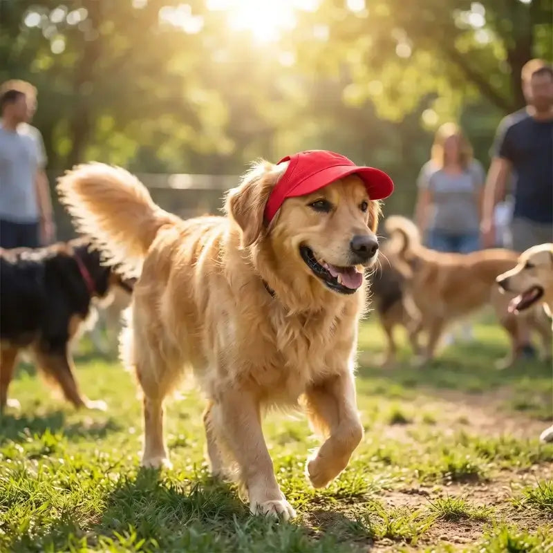 Un golden retriever dans un parc à chiens porte sa casquette pour animaux rouge.