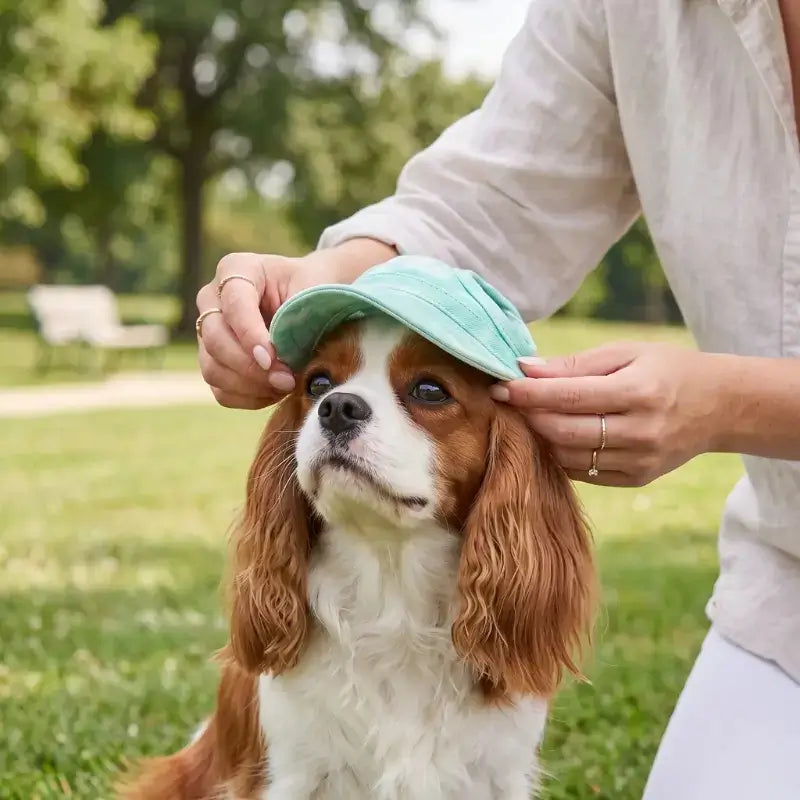 Une femme met en place la casquette pour animaux turquoise sur son cabvalier king charles.