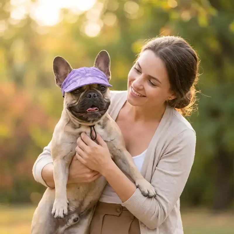 Une femme porte dans ses bras son bouledogue français qui porte sa casquette de couleur violette.
