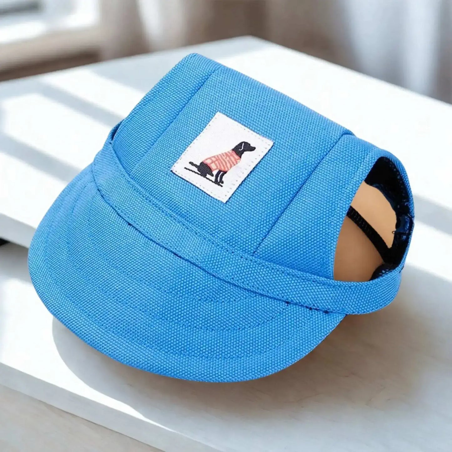 Une casquette chien bleu sur un bureau blanc
