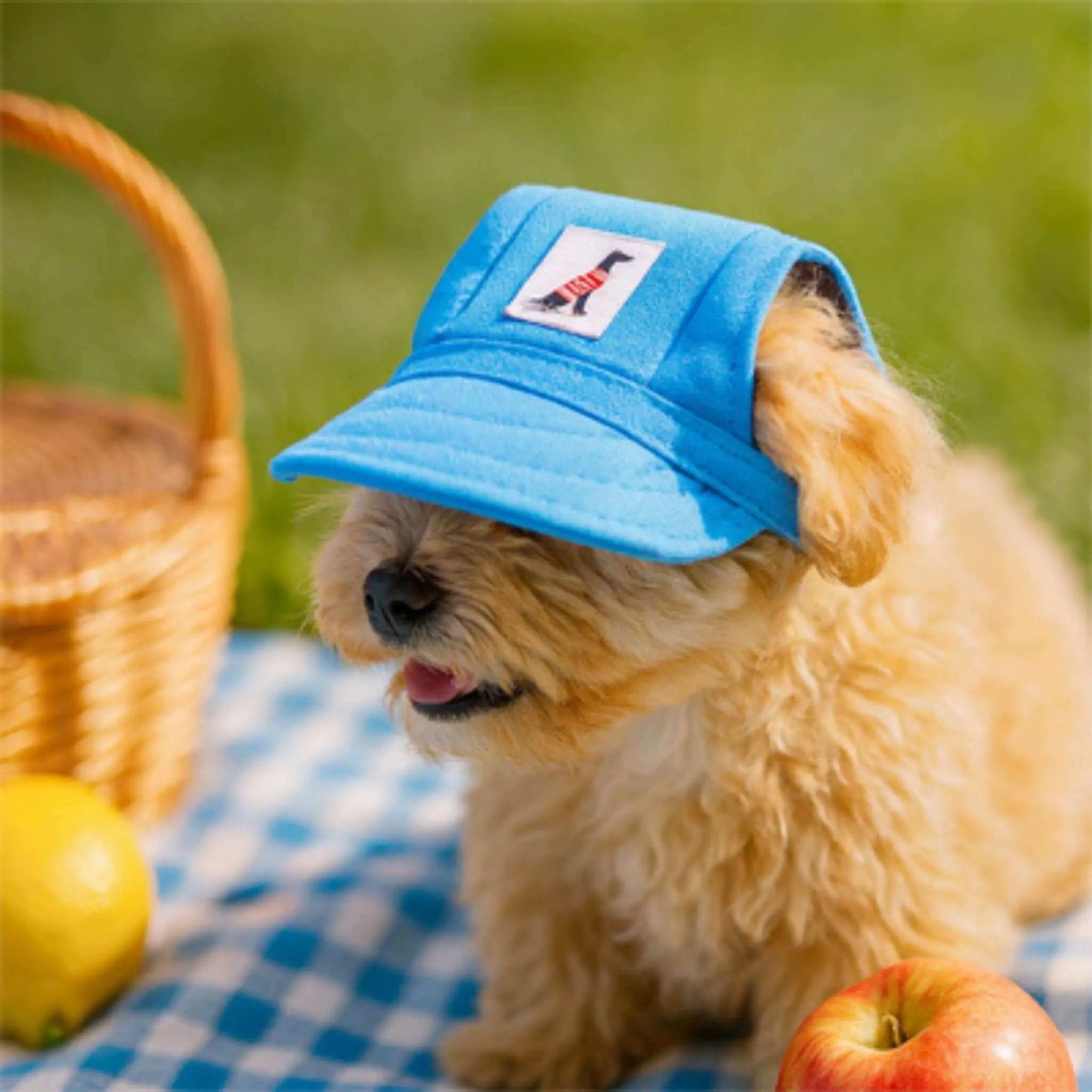 Un Shih Tzu en pique-nique sur une couverture à carreaux avec sa casquette chien bleu.