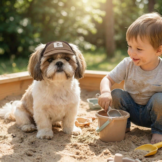 Un enfant joue dans son carré de sable avec son shih tzu qui porte sa casquette pour chiens marron.