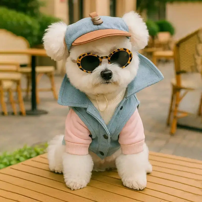 Un bichon frisé assis sur un balcon porte une casquette et des lunettes.
