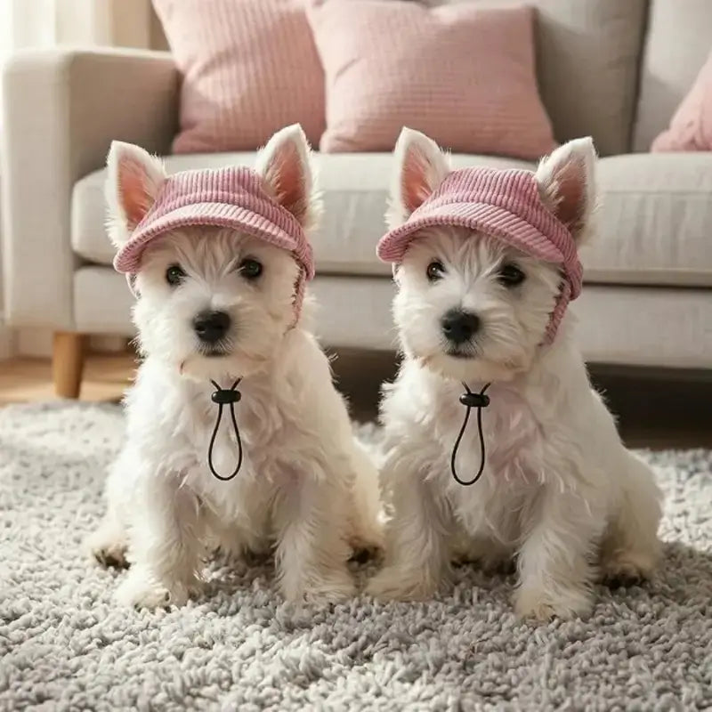 Deux chiots West Highland assis dans un salon avec des casquettes pour chiens roses. 