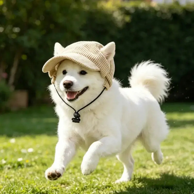 Un spitz japonais court sur une pelouse avec une casquette kaki.