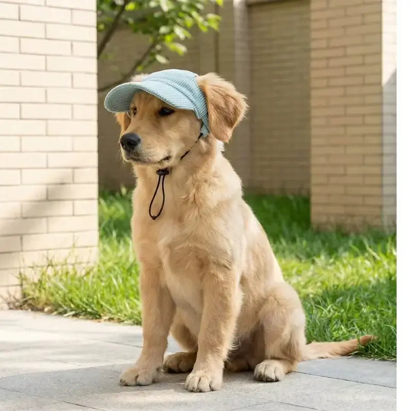 Un golden retriever assis sur le trottoir porte une casquette pour chien verte.