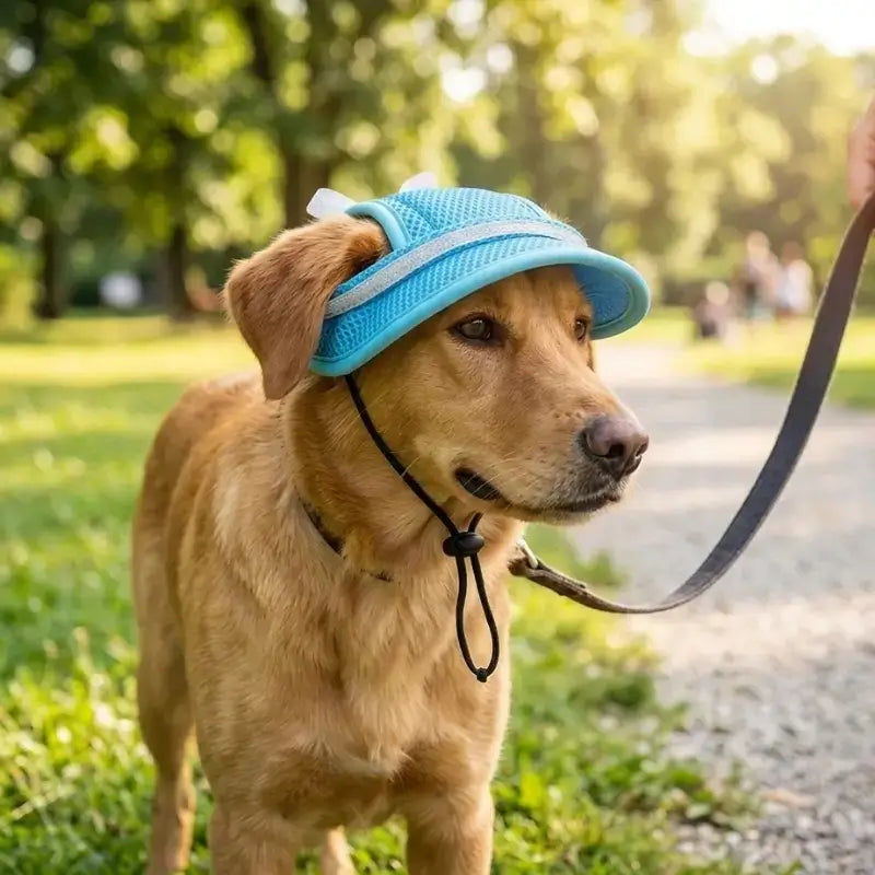 Un golden retriever en laisse avec un chapeau pour chien bleu.