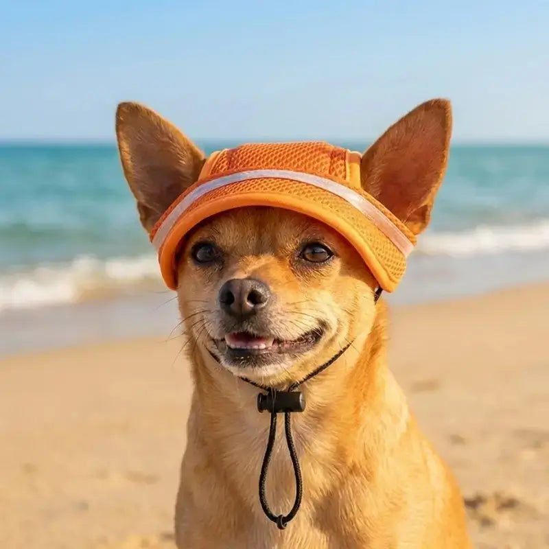 Un chihuahua à la plage avec une chapeau pour chien orange.