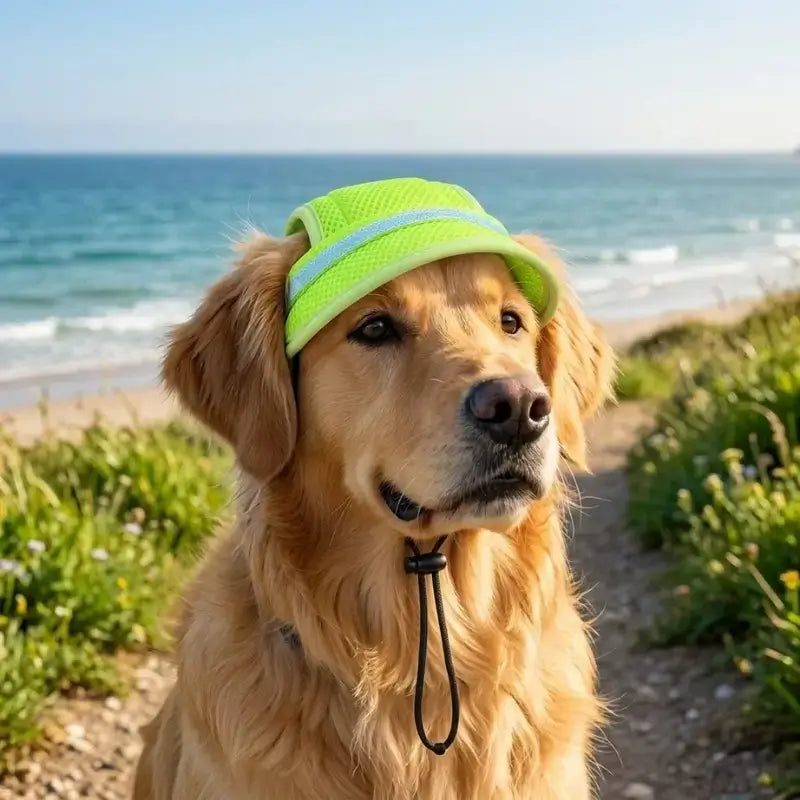 Un golden retriever à la plage porte un chapeau vert fluo.