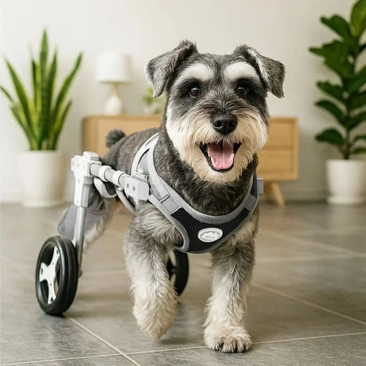 Un schnauzer dans un chariot pour chien handicapé à deux roues dans un salon.