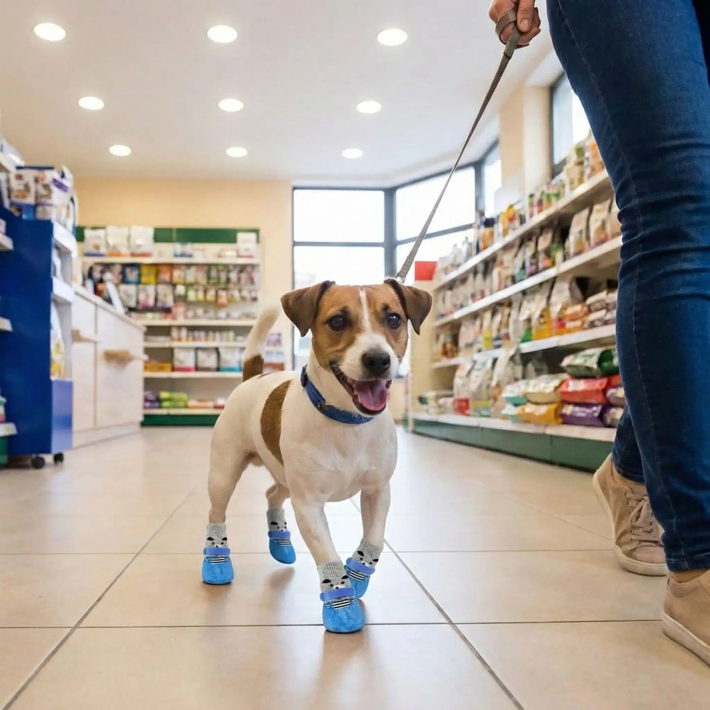 Un Jack Russell en laisse marche dans un magasin avec sa chaussette pour chien bleue.