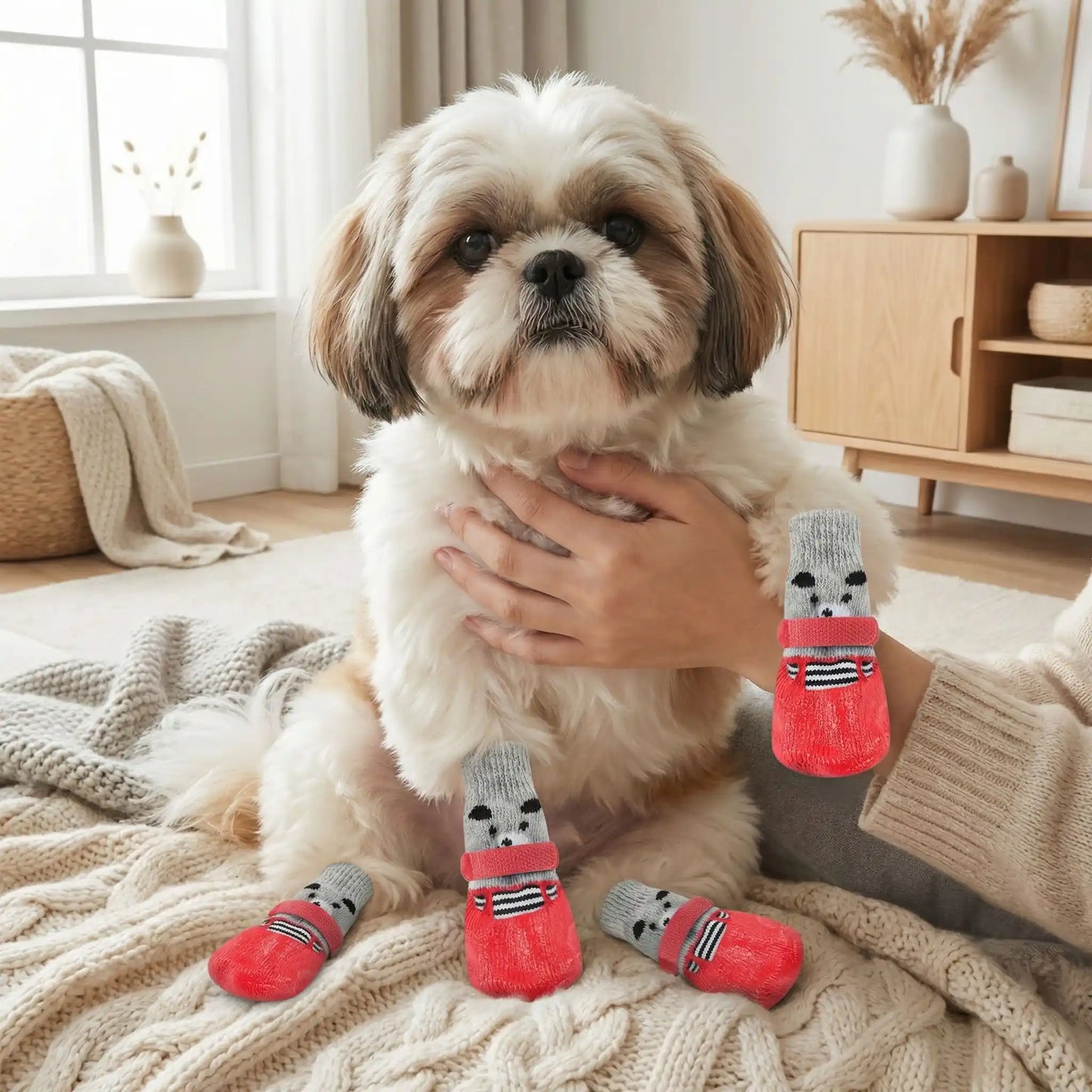 Un shih tzu assis sur une couverture et sa chaussette pour chien rouge.