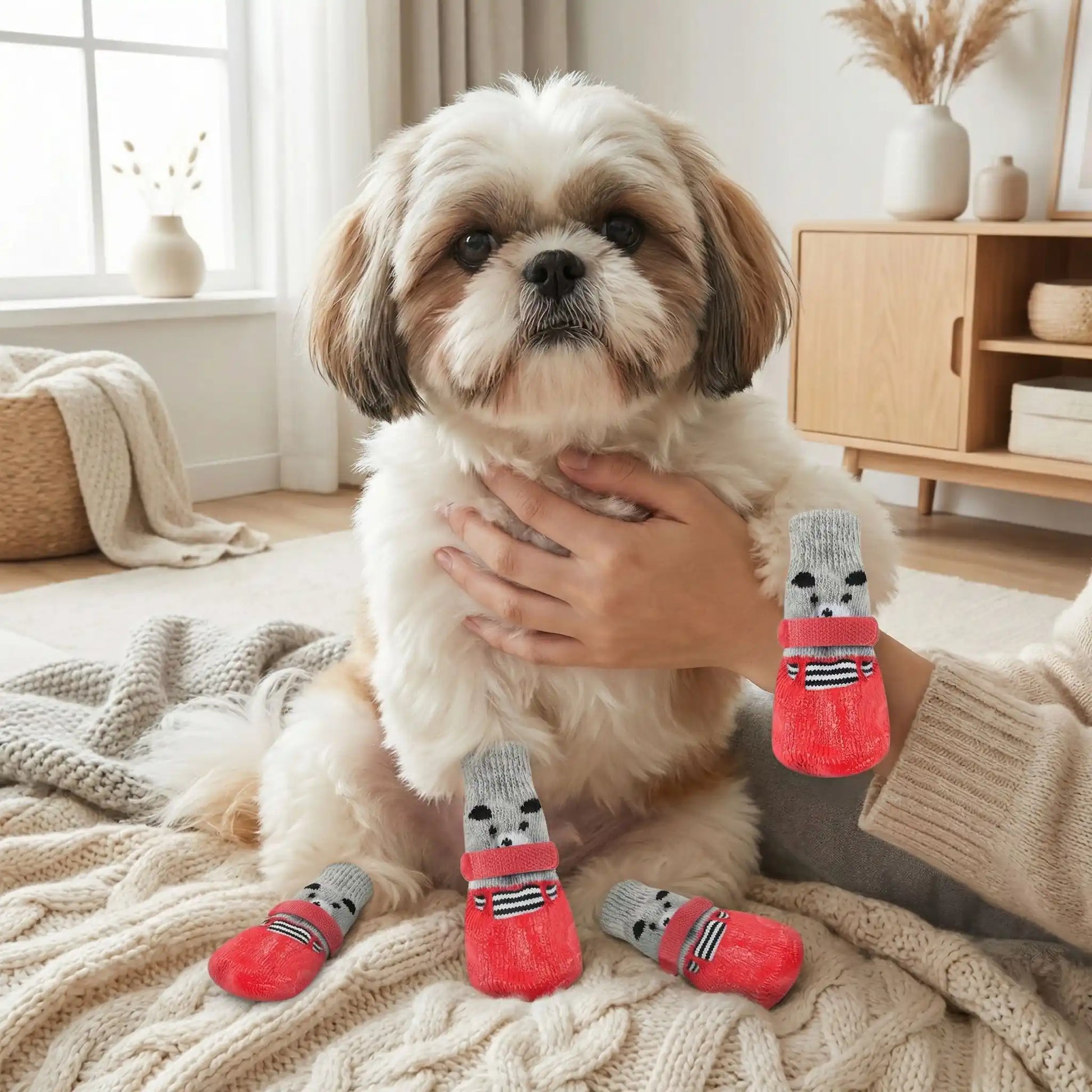 Un shih tzu assis sur une couverture et sa chaussette pour chien rouge.