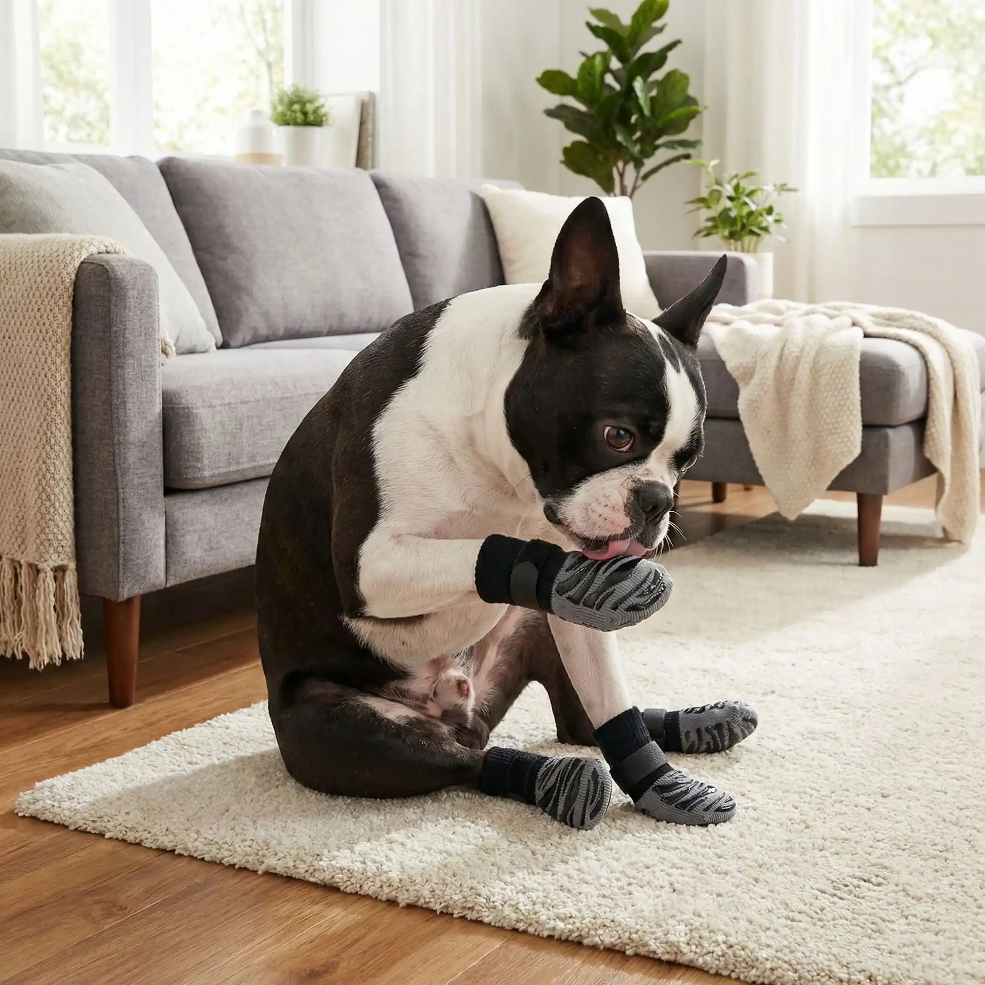 Un Boston terrier assis dans un salon se lèche les pattes mais il porte des chaussettes pour chien gris et noir.