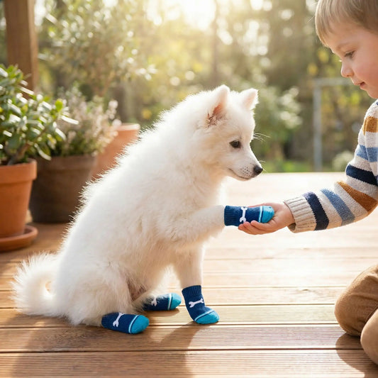 Un spitz japonais donne la patte a un enfant sur une terrasse avec le chausson pour chien Papatte bleu.