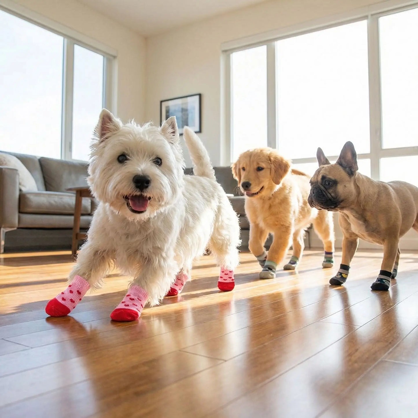Chausson pour chien sur un west highland de couleur rose avec motif de cœur joue dans un salon avec d'autres chiens.