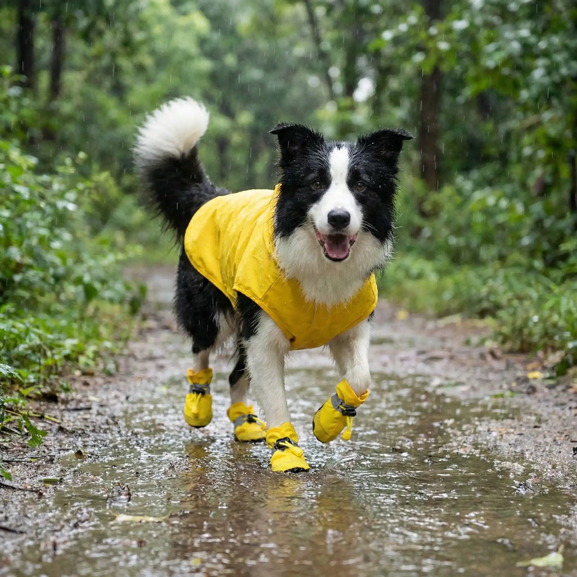 Un border collie en balade dans un sentier sous la pluie porte la chaussette pour chiens jaunes.