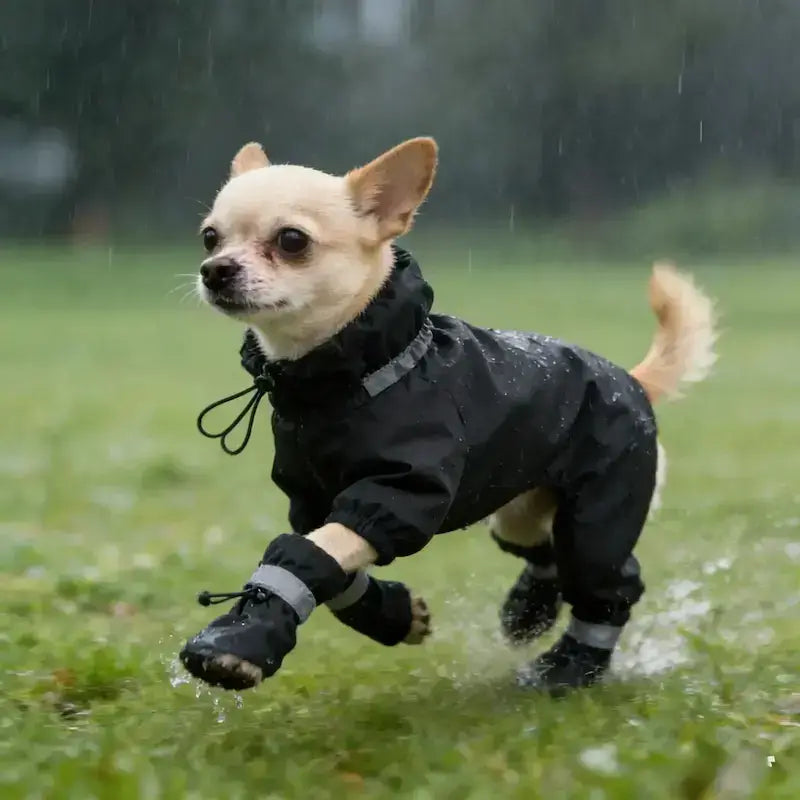 Un chihuahua sous la pluie porte le chausson pour chiens imperméable WetFree noir.