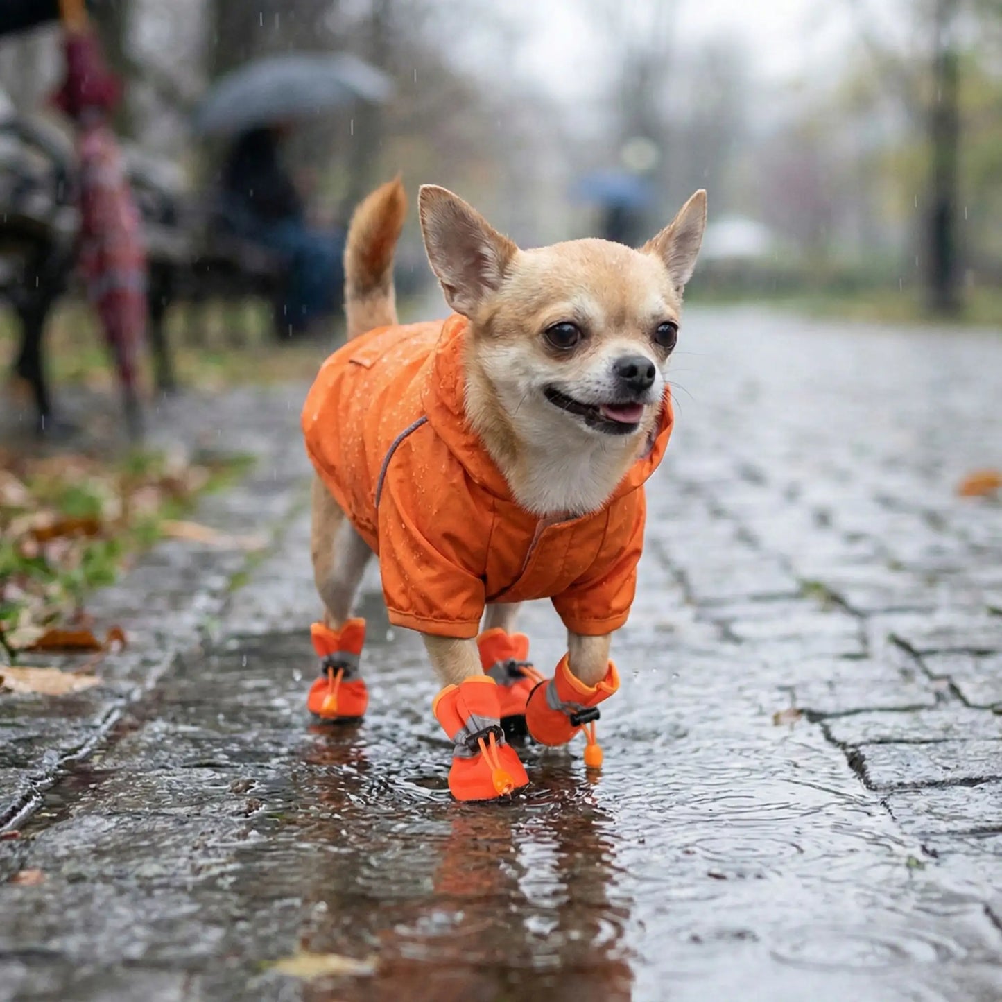 Un chihuahua marche sur un trottoir sous la pluie porte le chausson pour chiens orange.