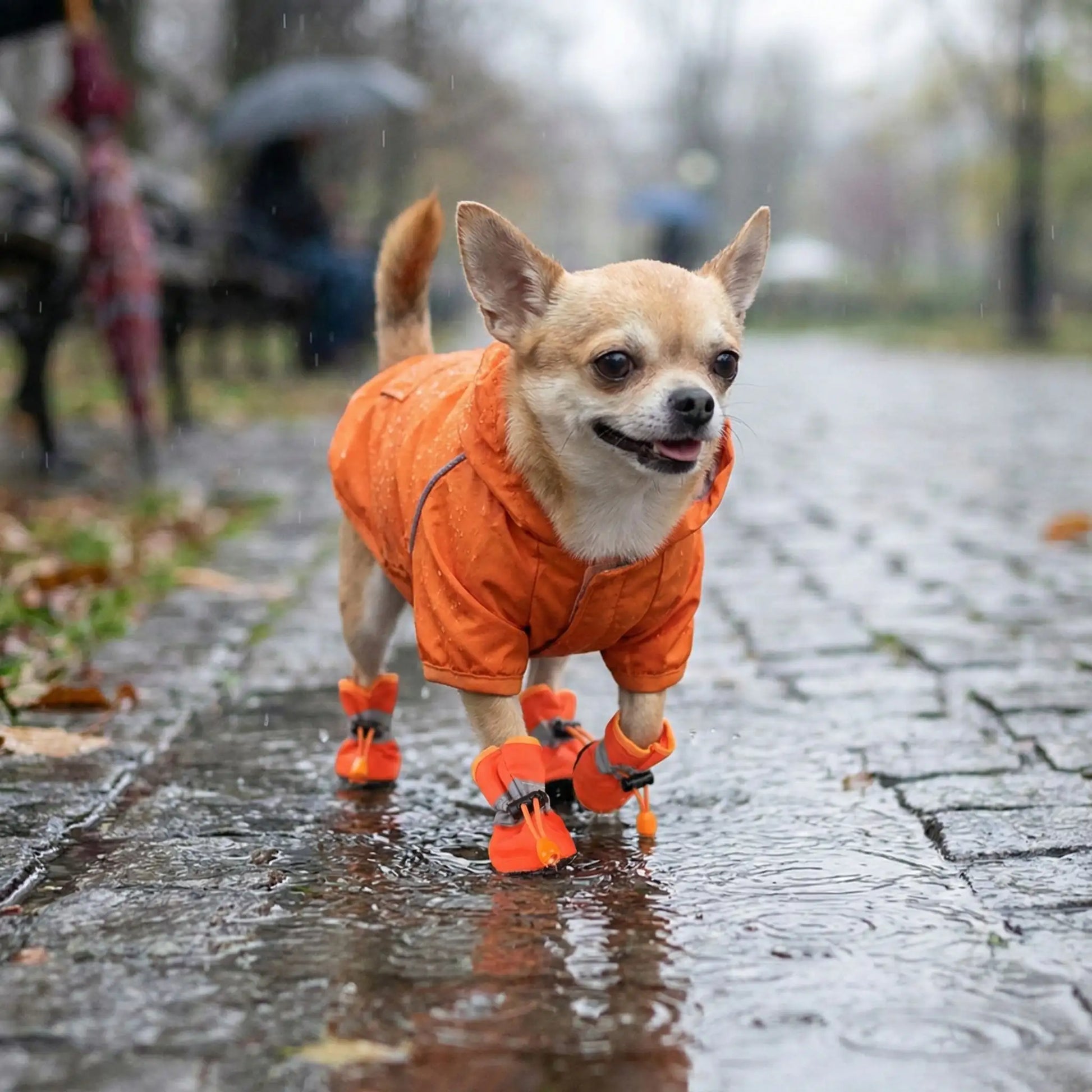 Un chihuahua marche sur un trottoir sous la pluie porte le chausson pour chiens orange.