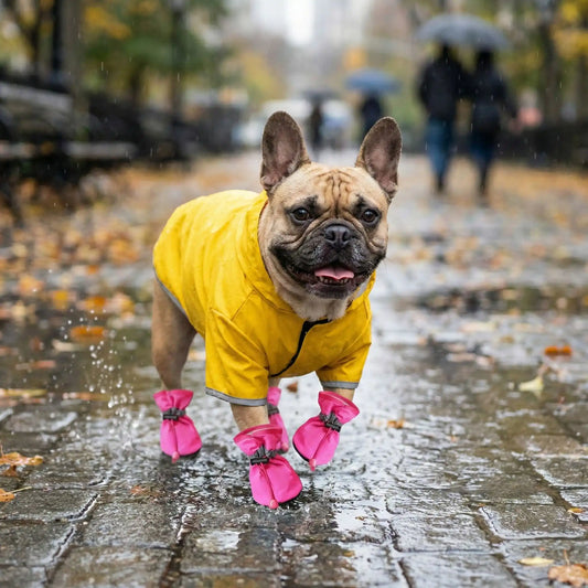Un bouledogue français fauve se promène sur le trottoir sous la pluie avec son chausson pour chiens WetFree rose.