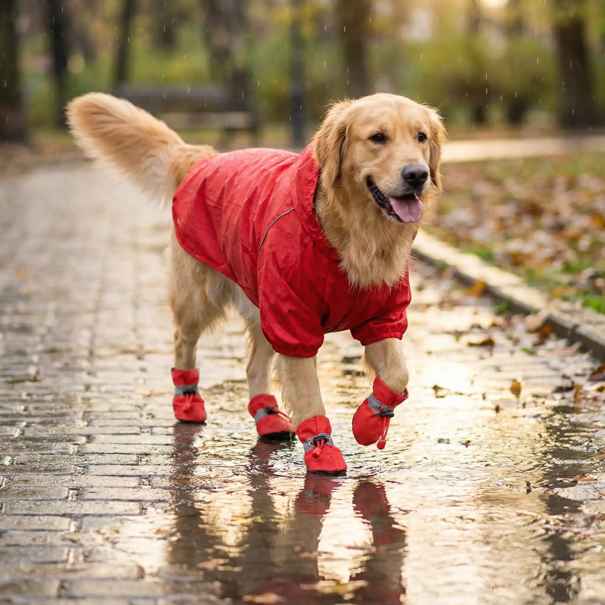 Un golden retriever marche sur un trottoir sous la pluie avec le chausson pour chiens de couleur rouge.