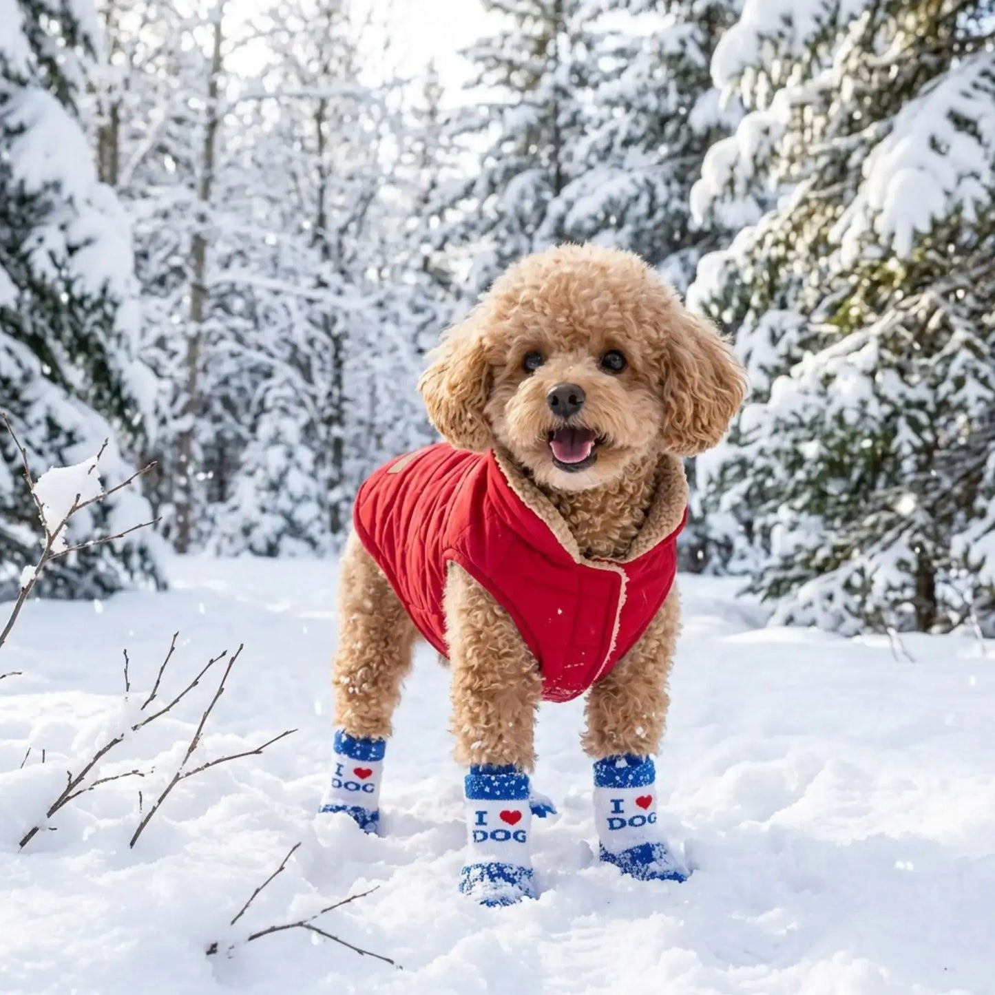 Chausson de neige pour chien bleu sur un caniche avec un manteau dans la forêt en hiver.