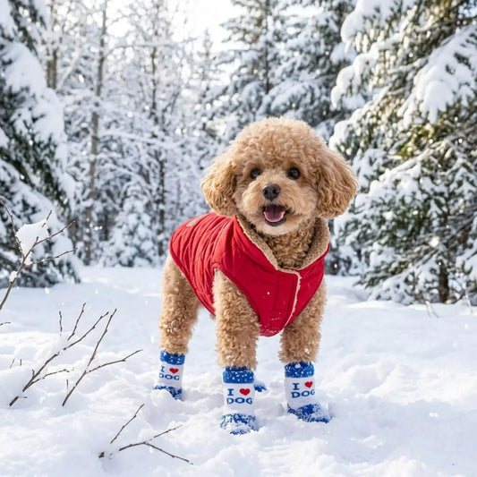 Chausson de neige pour chien bleu sur un caniche avec un manteau dans la forêt en hiver.
