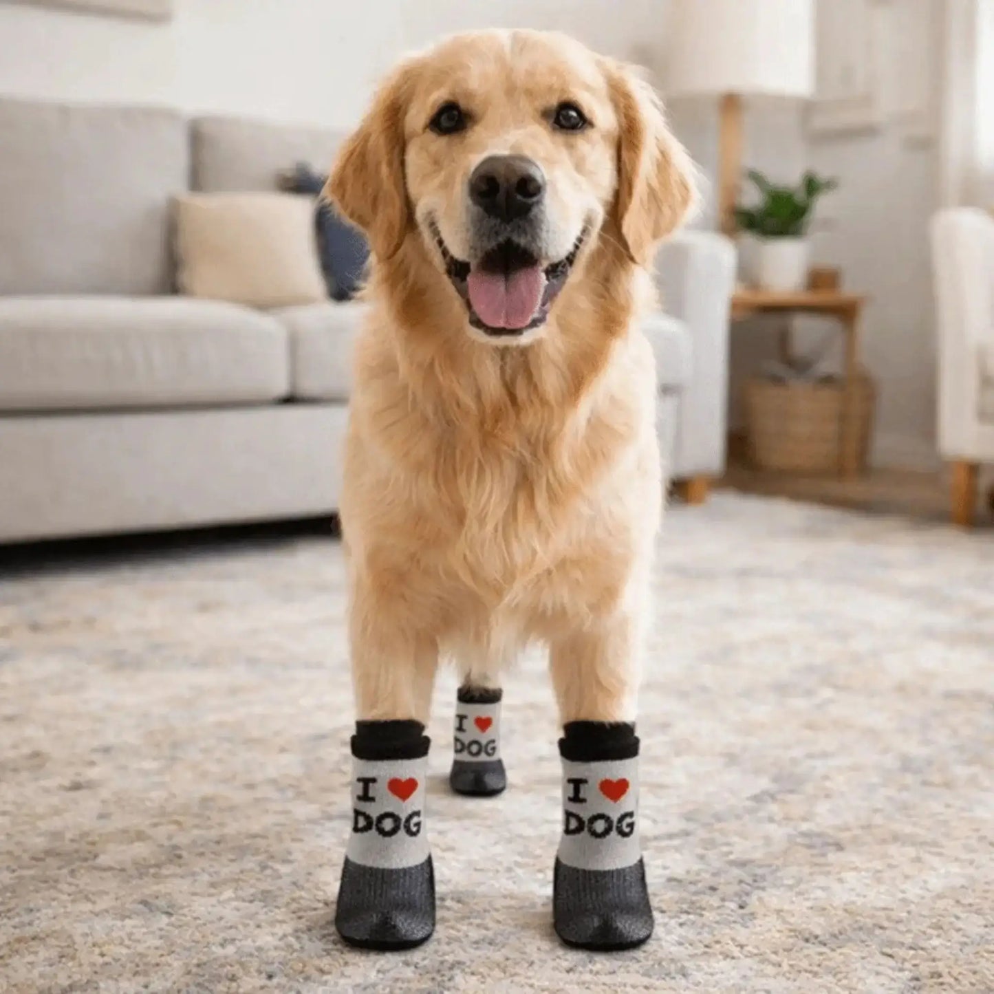 Chausson de neige pour chien noir sur un golden retriever dans un salon.