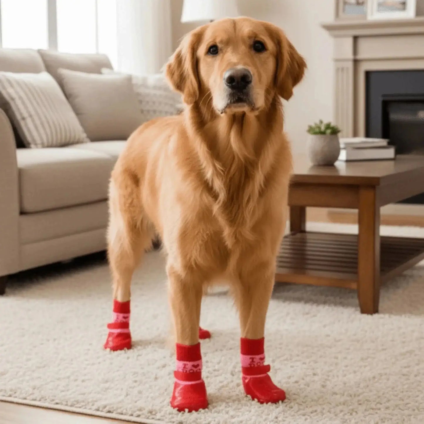 Chausson de neige pour chien sur un golden retriever dans un salon.