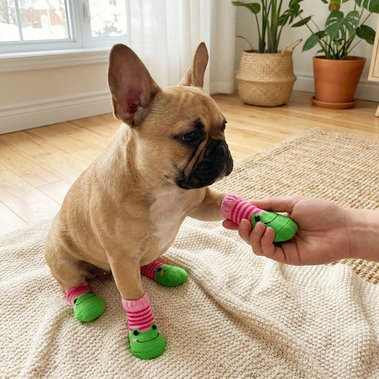 Un bouledogue français assis donne la patte à son maître, porte le chausson pour chien Pantouflex vert et rose.