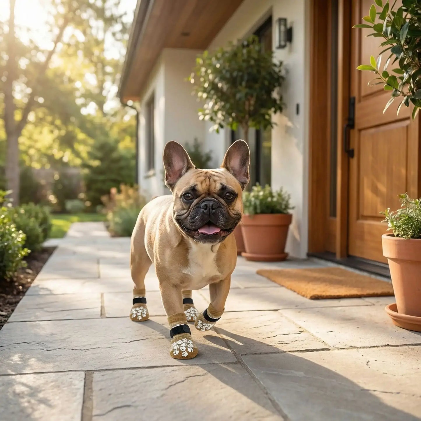 Un bouledogue français sur le porche de la maison avec ses chaussons pour chien beige.