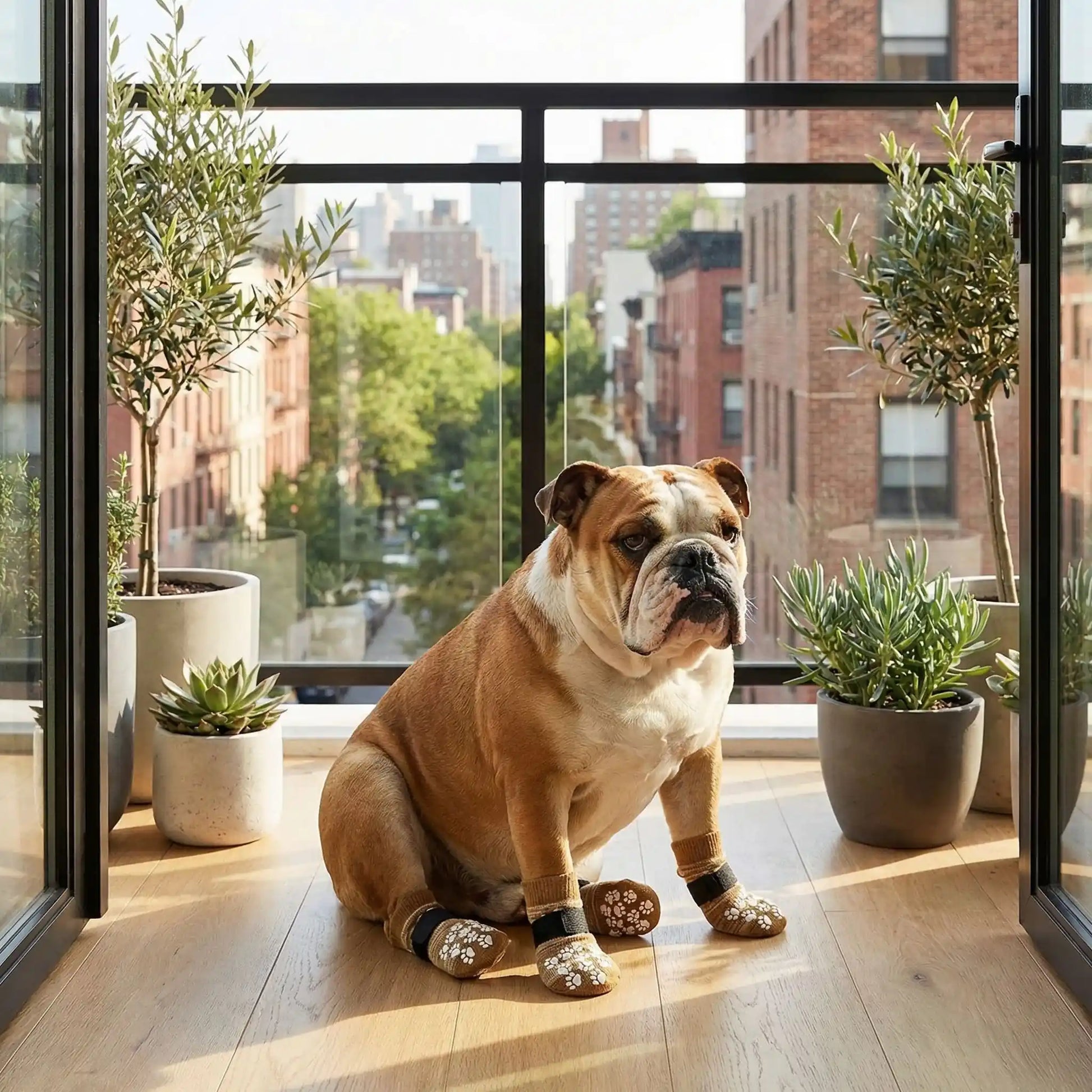 Un bouledogue anglais assis sur un balcon en ville avec ses chaussons pour chien marron.