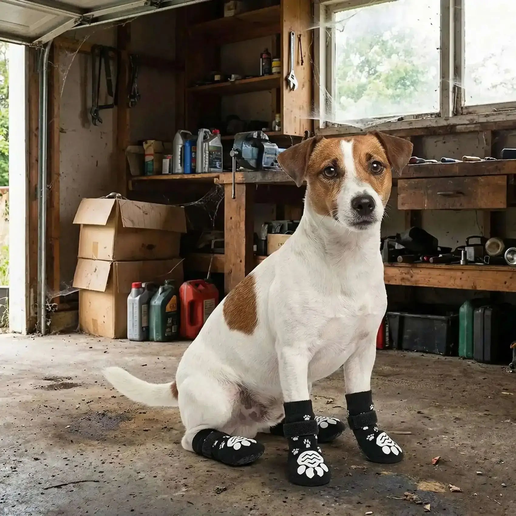 Un jack russell assis dans un garage porte des chaussons pour chien noir et blanc.