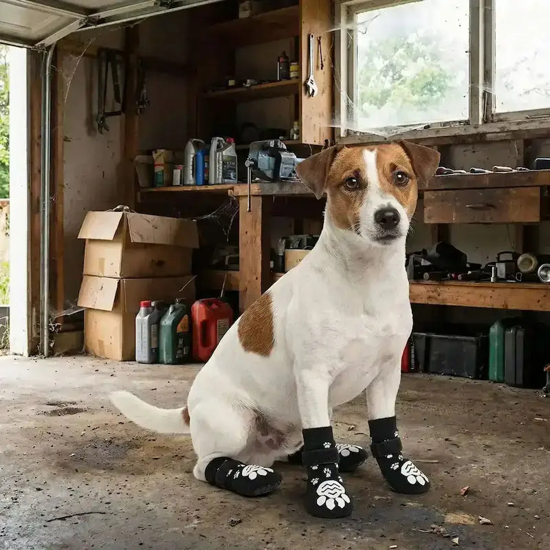 Un jack russell assis dans un garage porte des chaussons pour chien noir et blanc.
