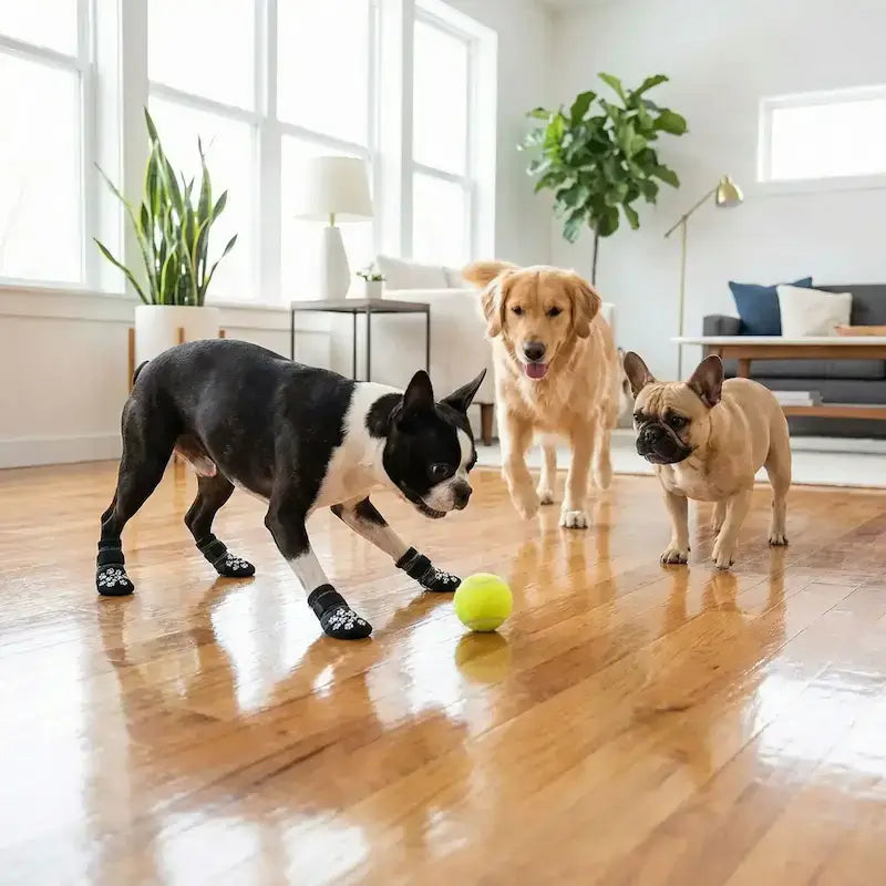 Un Boston terrier joue avec d'autres chiens dans le salon avec ses chaussons pour chien noirs.