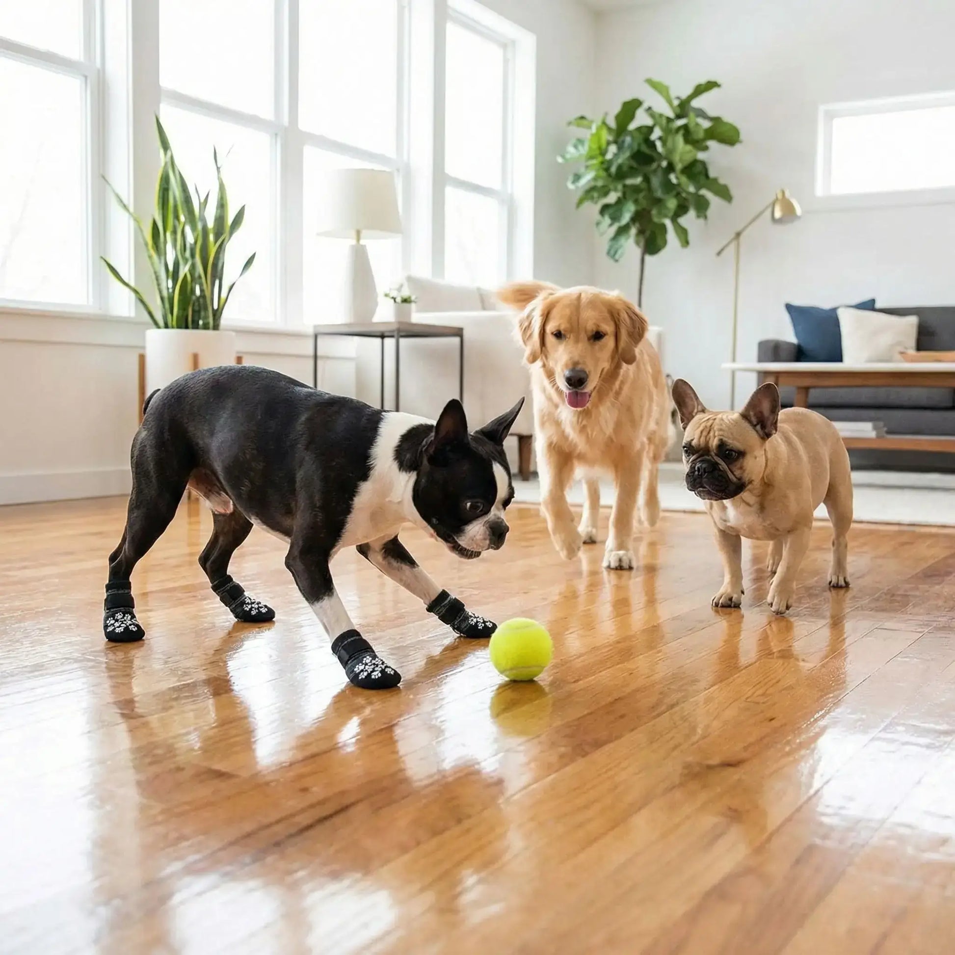 Un Boston terrier joue avec d'autres chiens dans le salon avec ses chaussons pour chien noirs.