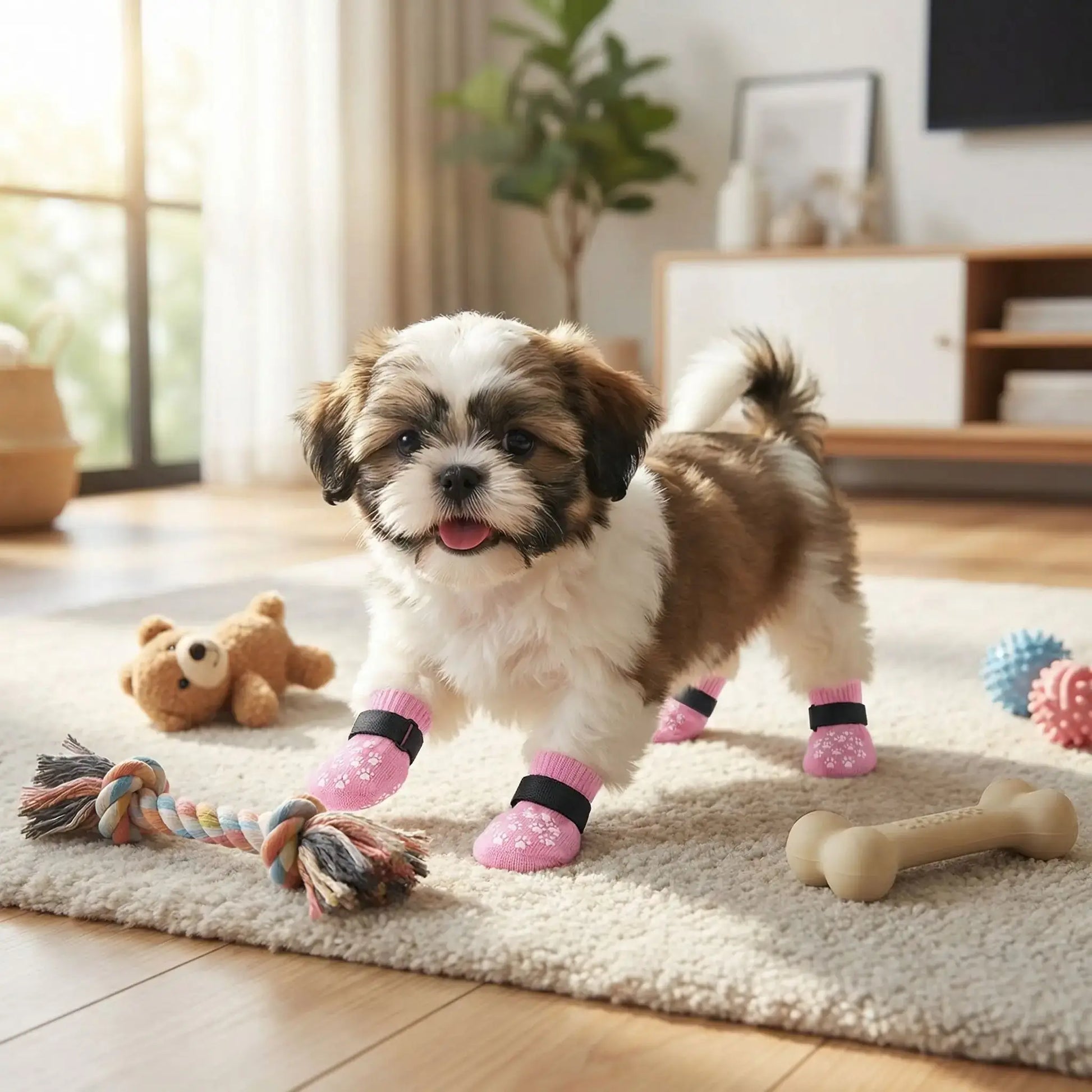 Un shih tzu joue avec ses jouets dans un salon et ses chaussons pour chien roses.