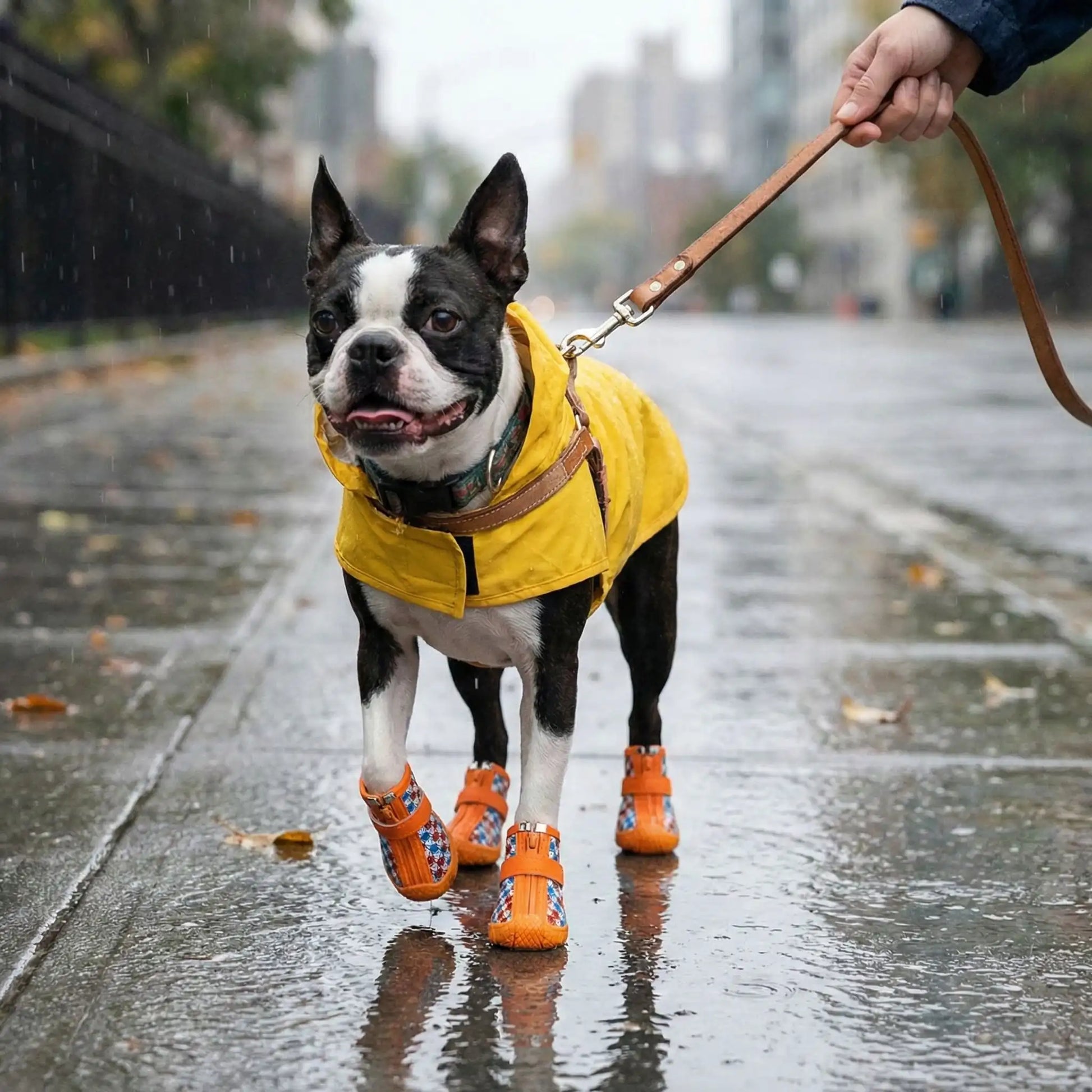Un boston terrier marche en laisse sur un trottoir avec ses chaussures pour chien PatteSec.