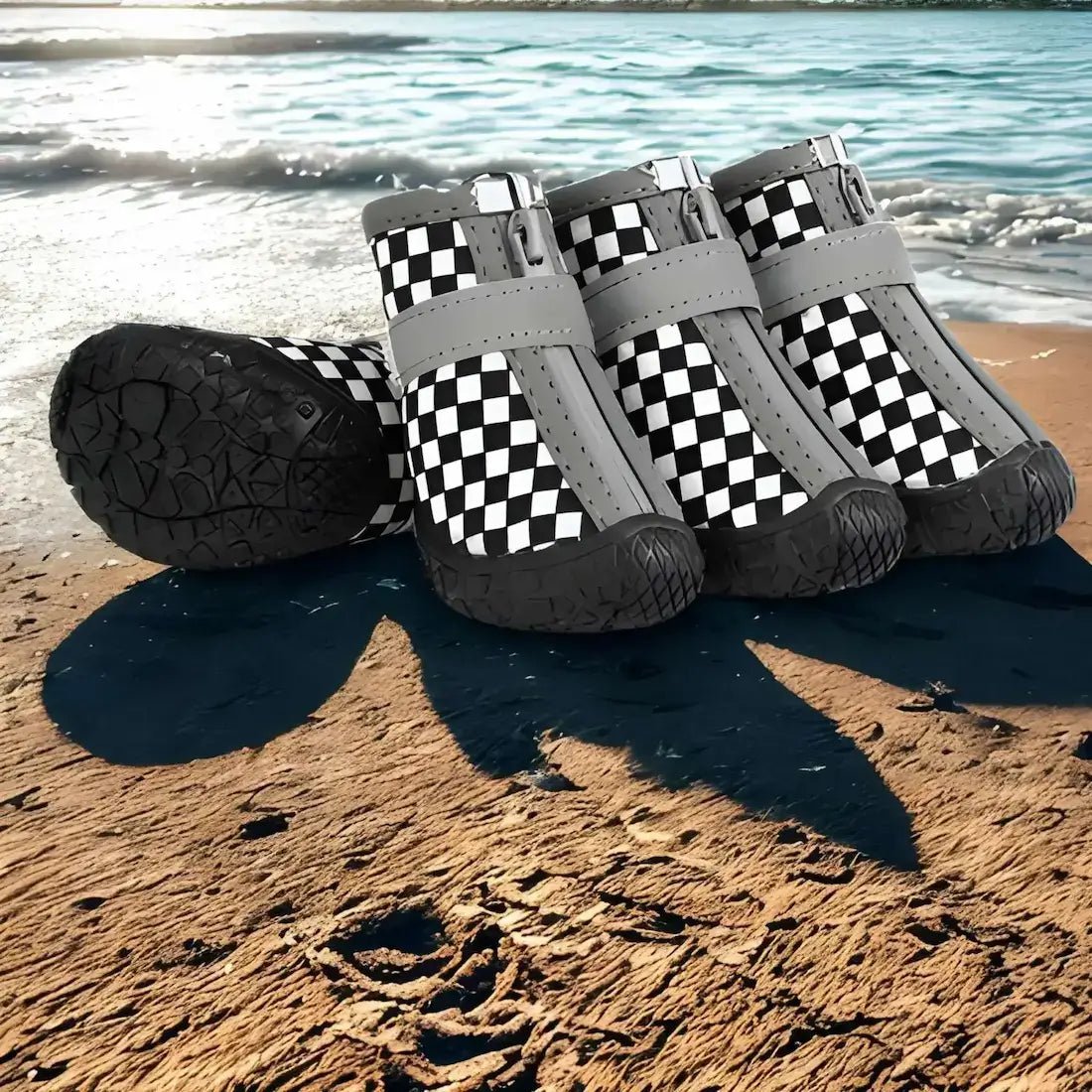 Chaussure pour chien de couleur noire et blanche à motif damier sur le bord de la plage.