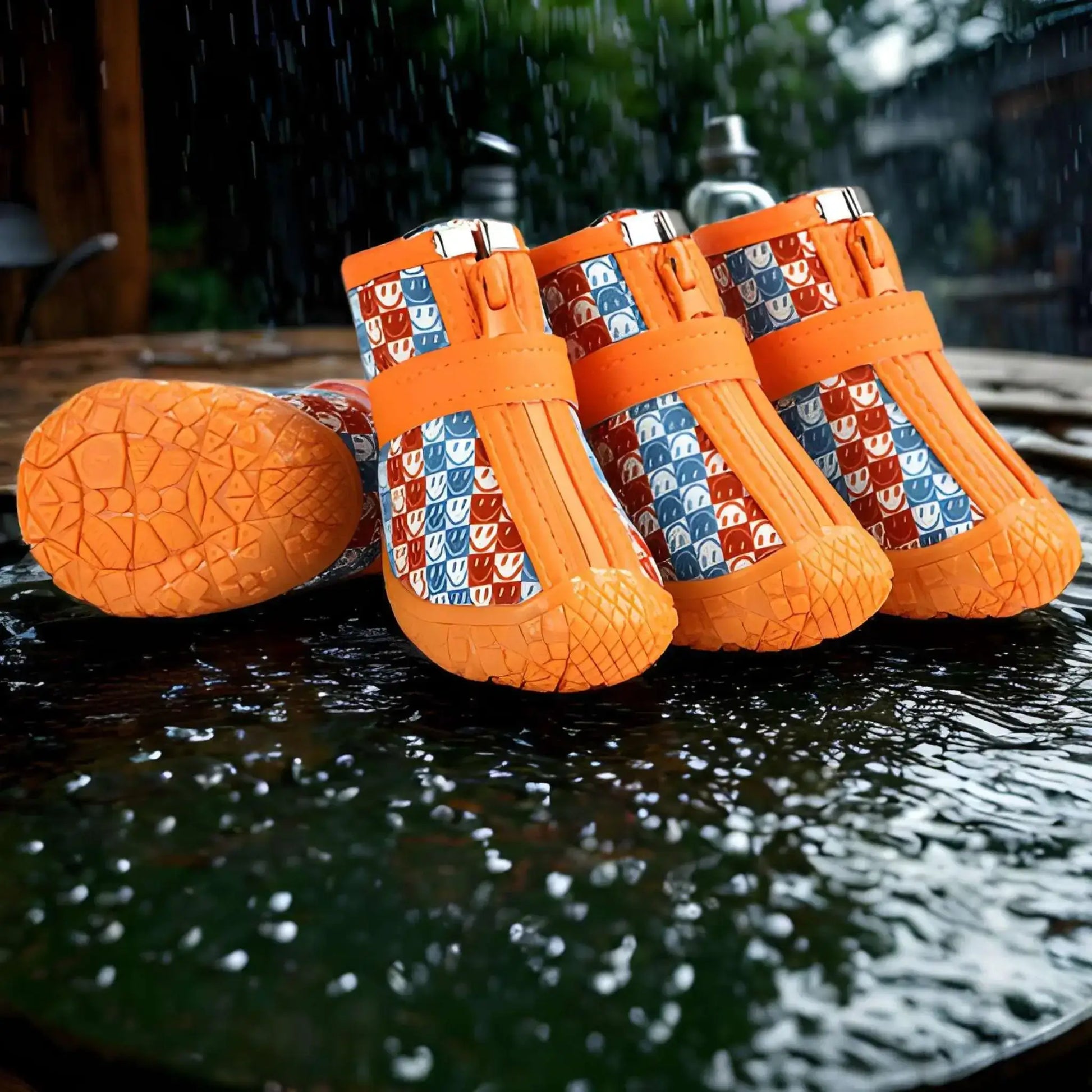 Chaussure pour chien PatteSec de couleur orange à motif bonhomme sourire sous la luie.