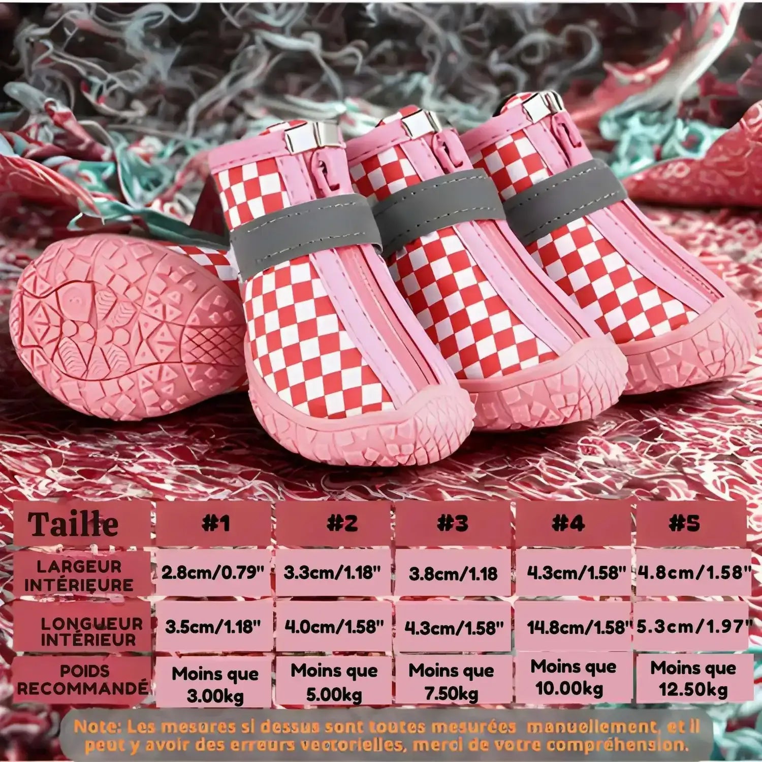 Chaussure pour chien PatteSec de couleur rose à motif damier avec un tableau des tailles.