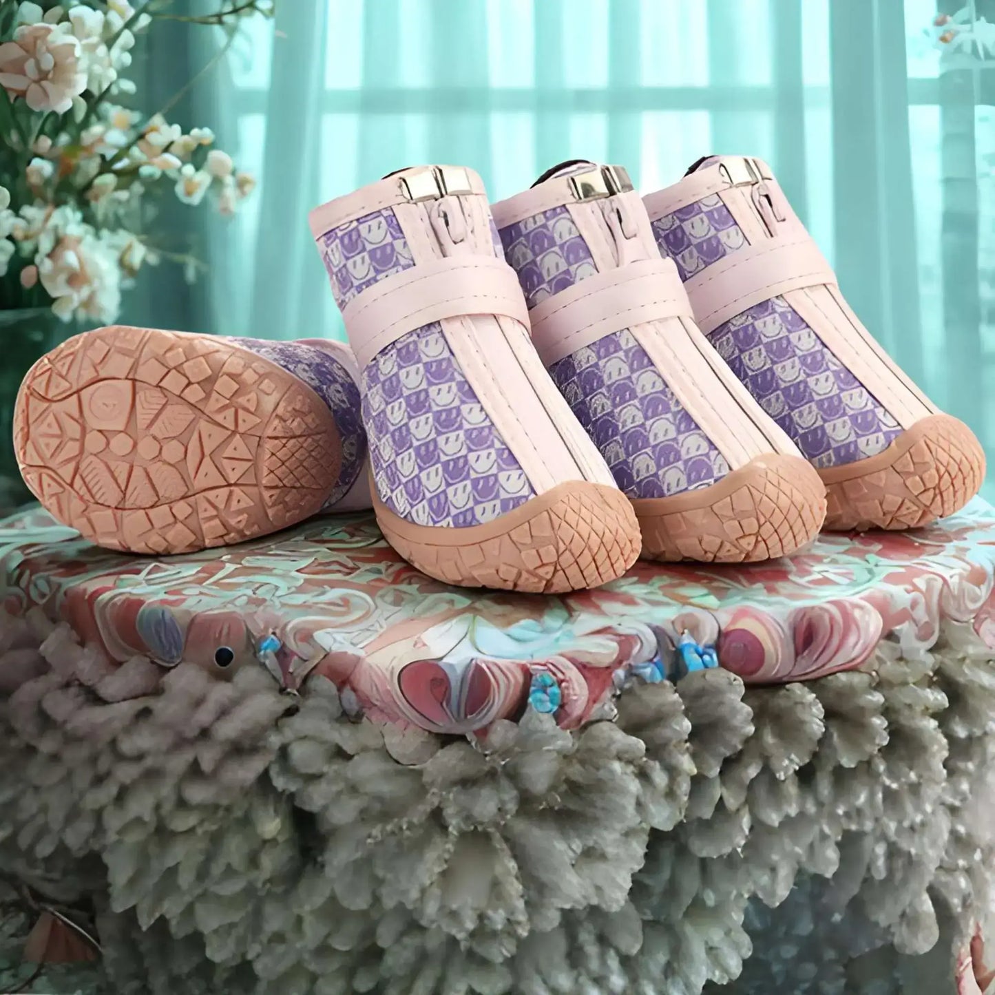 La chaussure pour chien PatteSec de couleur violet au motif bonhomme sourire sur une table.