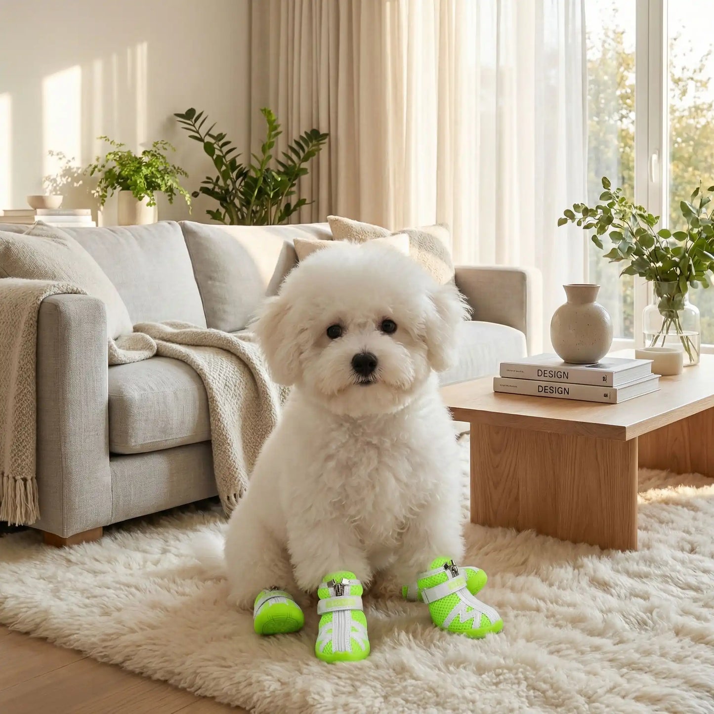 Un bichon frisé assis dans un salon avec sa chaussure pour chien vert fluo.